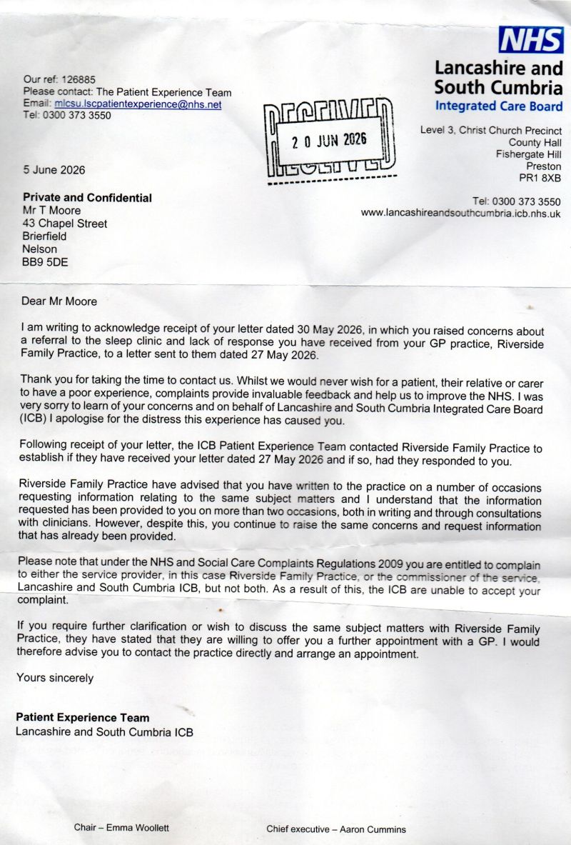 Unsigned letter Lancashire and South Cumbria Intergrated Care Board, dated 5 June 2026
