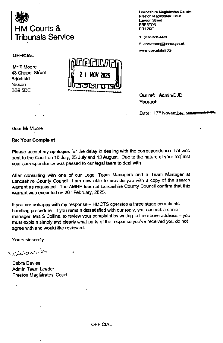 H M Courts and Tribunals Service, 17 November 2025, letter 1